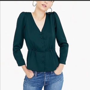 Jcrew emerald green satine crepe peplum blouse